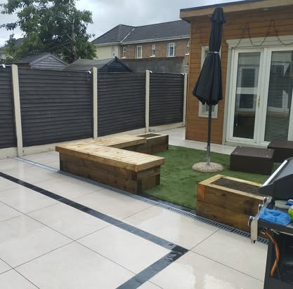 Tiled patio with timber seating