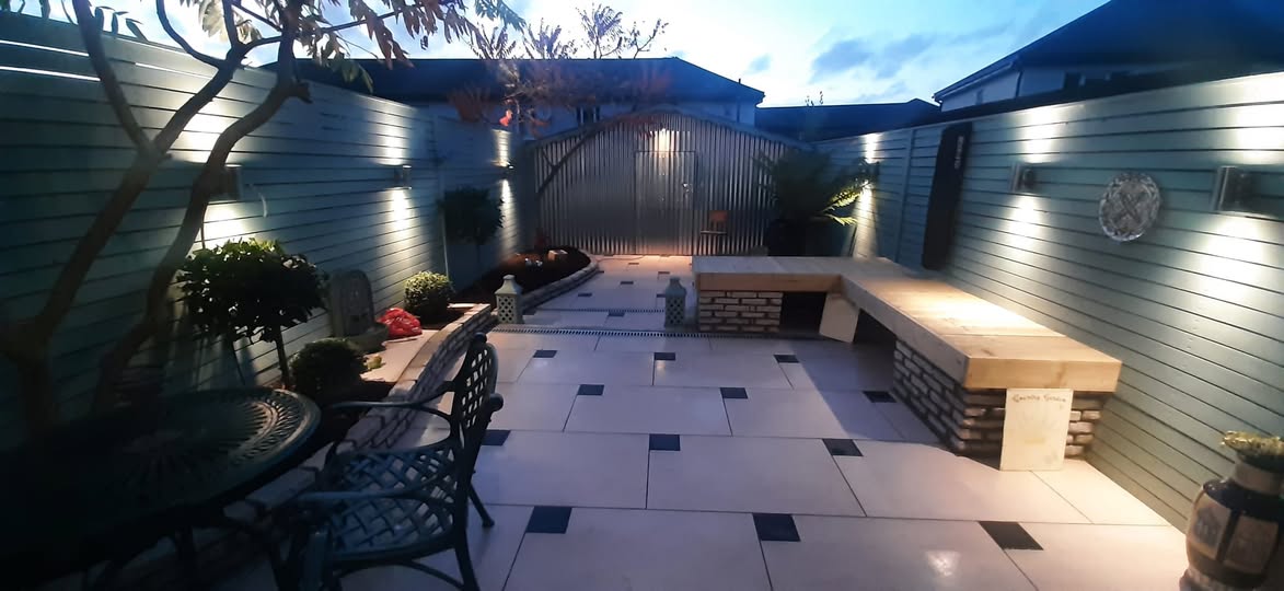 Evening patio with decorative lighting
